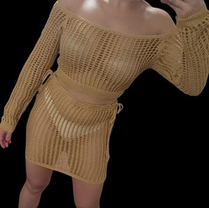 Crochet bikini cover up set long sleeve off the shoulder top and mini skirt